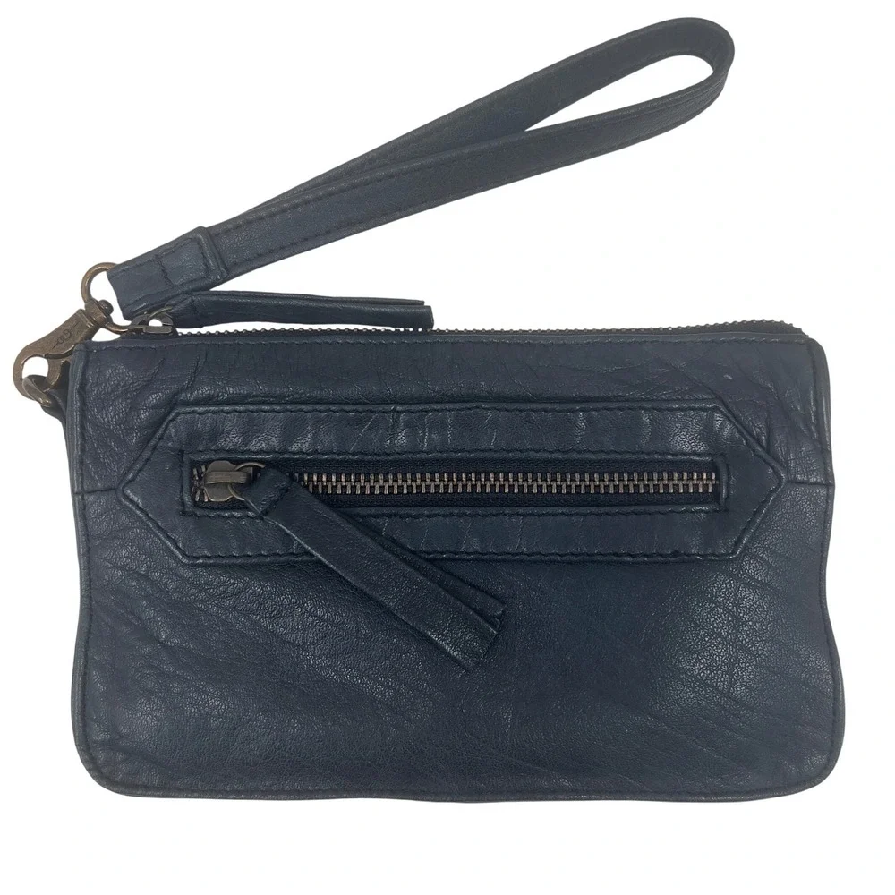 Day & Mood Anni Clutch Navy Black Leather Wristlet Zip Pouch  5x8 Anthropologie